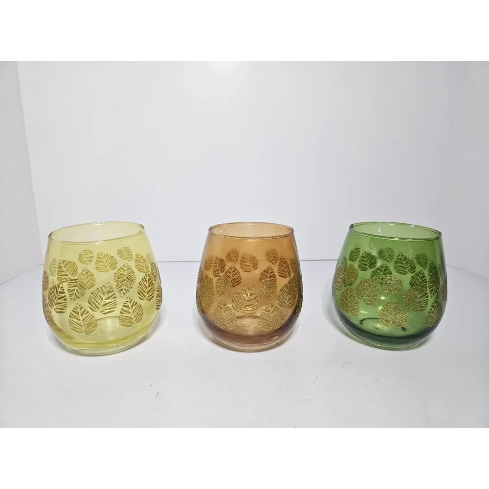 Autumn Leaf Votive Candle Holders Set of 3 Yellow Amber Green Vintage Small 4in